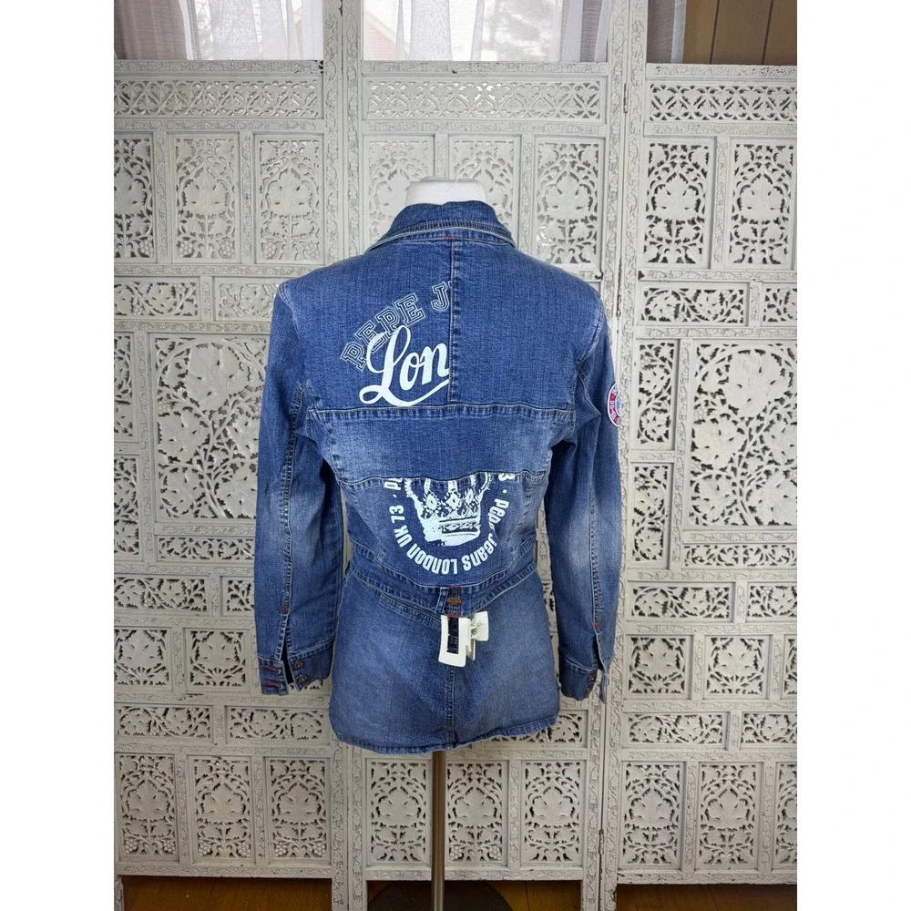 Pepe‎ Jeans London Zip Denim Jacket Sz L Fits S/M Y2K Grunge Graphic Graffiti